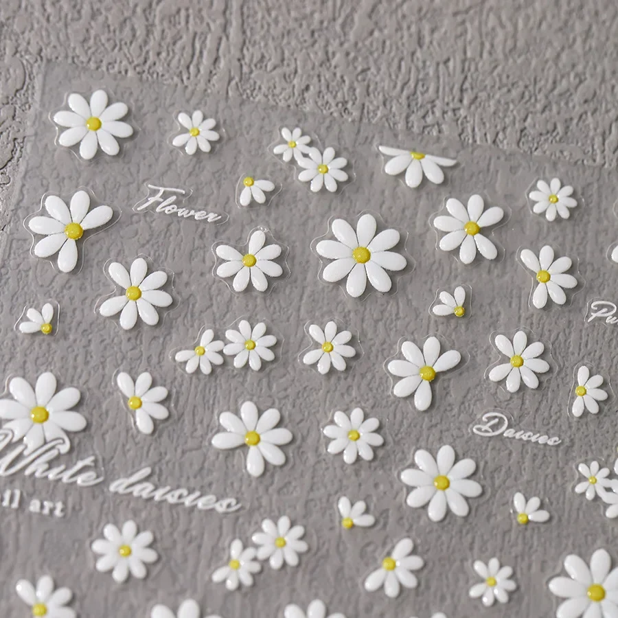 Witte Madeliefjes Bloemen Groene Zachte Reliëfs Zelfklevende Nail Art Decoratie Sticker Kleurrijke Lente 3d Manicure Diy Stickers