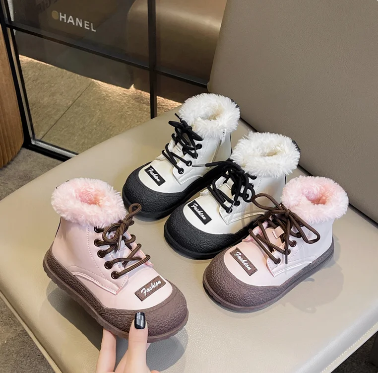 Girl Snow Boots Winter Warm Versatile Children Fashion Beige Ankle Boots Plush Causal Kids Outdoor Cotton Boots 2025 Trend New