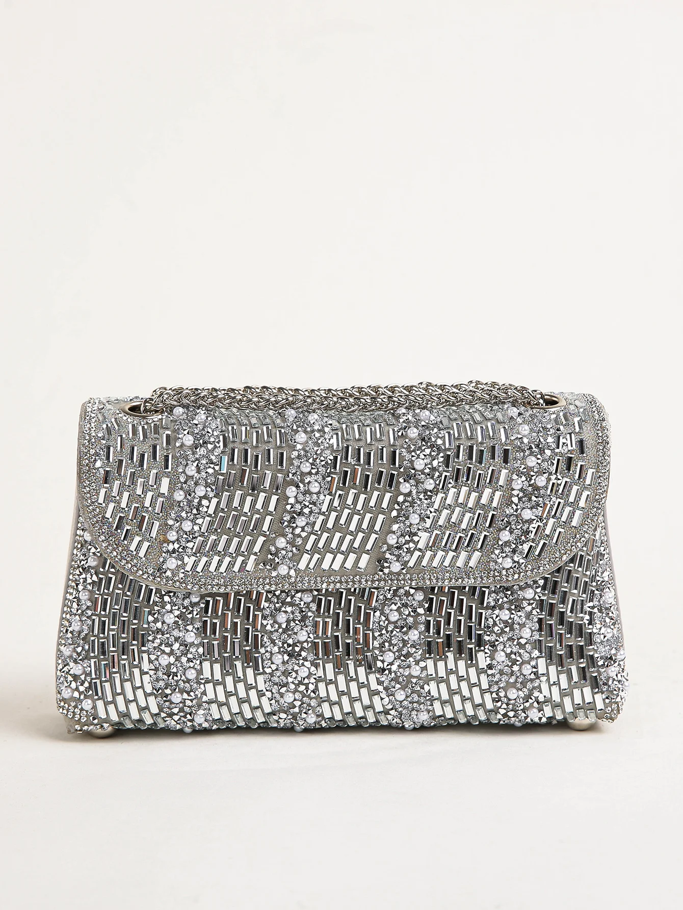 

1PC Silver Square Bag,Glitter Bling,Shiny Glamorous,Elegant,Exquisite Big Rhinestone Chain Decor Shoulder Evening Bag, Top Two-w