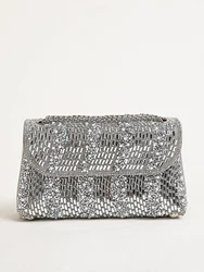 1PC Silver Square Bag,Glitter Bling,Shiny Glamorous,Elegant,Exquisite Big Rhinestone Chain Decor Shoulder Evening Bag, Top Two-w