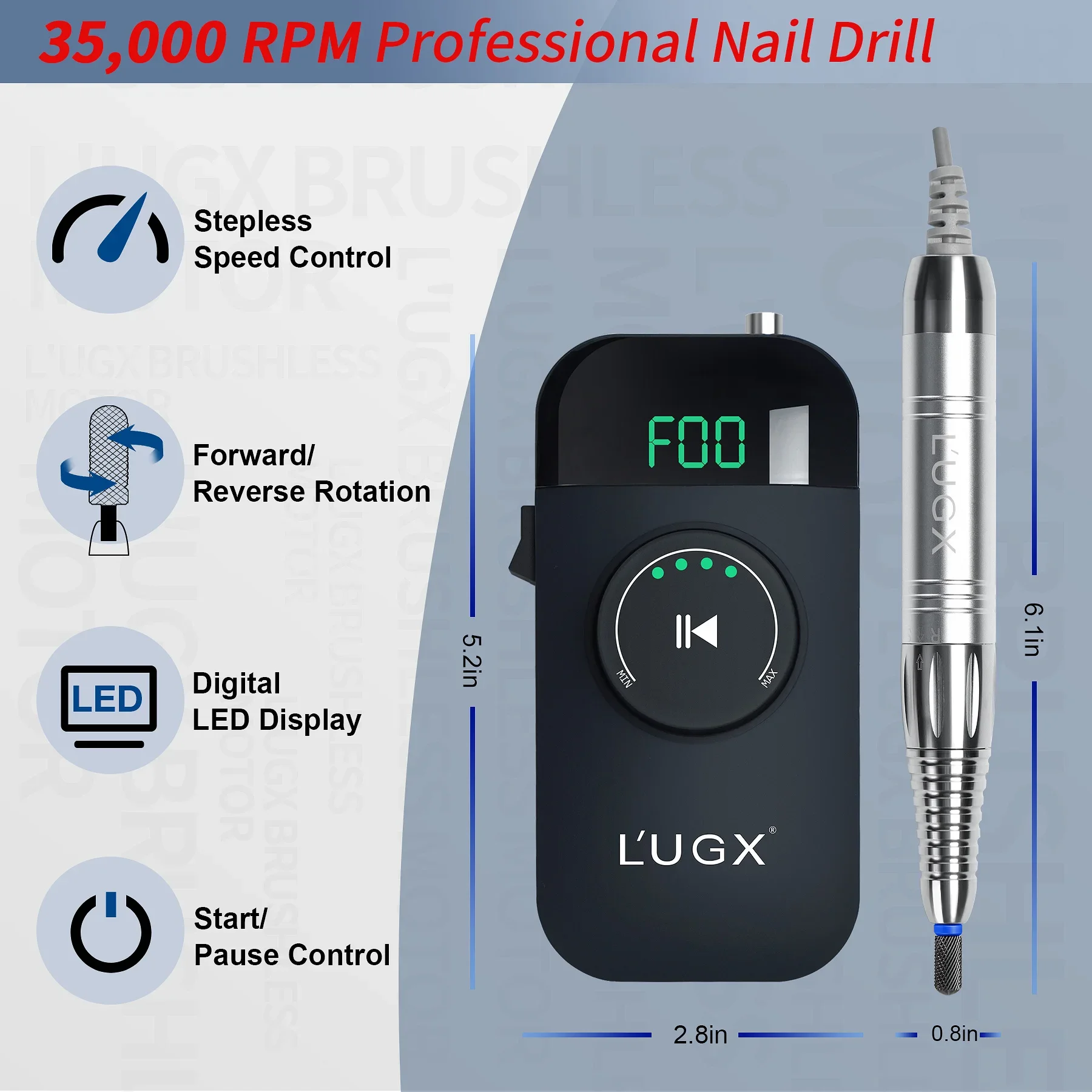 LUGX Hot Sale 35000 Rpm Strong Nail Dril Machine Cordless Portable Electric Rechargeable brushless Nail Drill