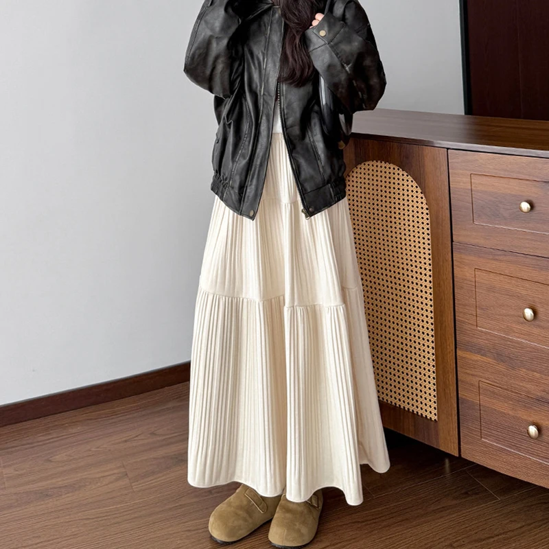 

Осенние новые темпераментные плиссированные длинные юбки для женщин, элегантные драпированные большие распашные юбки-миди, женские корейские винтажные юбки трапециевидной формы феи