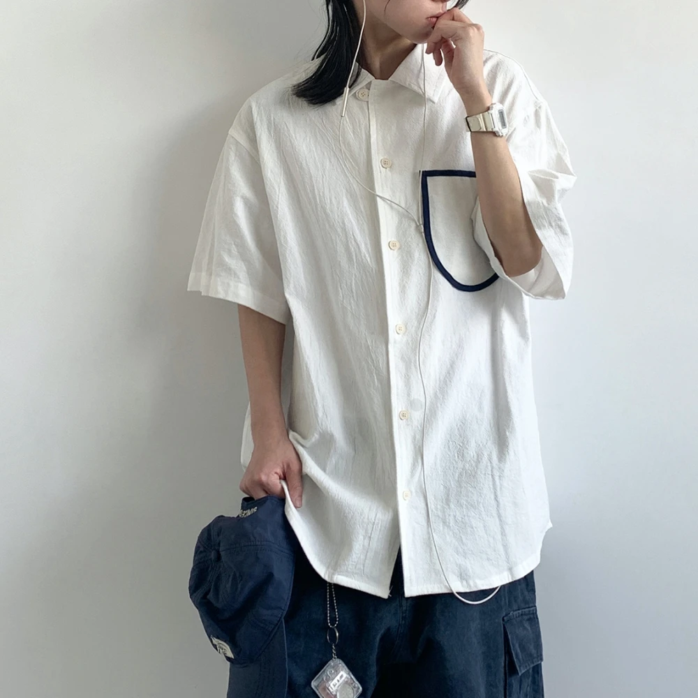 Japanese Preppy Shirt For Men Women Summer Vintage Loose Fit Short Sleeve Unisex Casual Trendy Cotton Oversized College Style