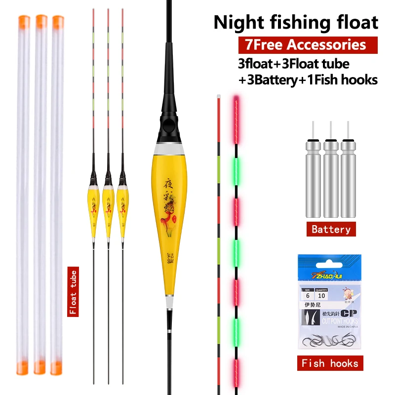 3PCS Electric Fishing Floats+3 CR425+3 Float Tubes+1 Bag Hooks Night Nano Buoy Luminous Boya Fresh Water Fishing Tackle Tools