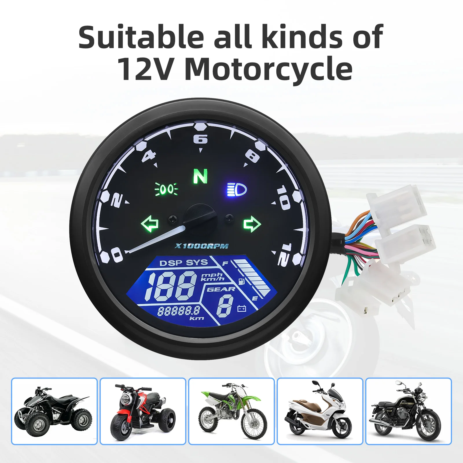 Universal Motorcycle Meter Speedometer Digital Odometer with Gear Indicator 12000kmh/mph Hour Meter Tachometer for Honda Yamaha images - 6