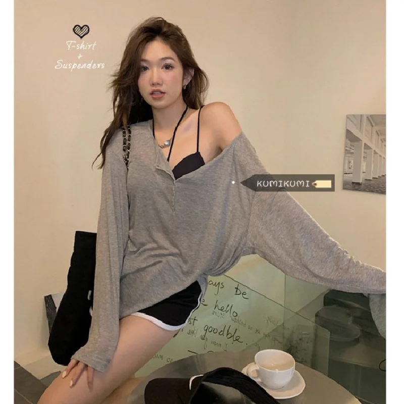 

Lazy Style Gray Long Sleeved T-Shirt, Loose And Thin Sunscreen Cover, Design Sense, Niche Casual Top