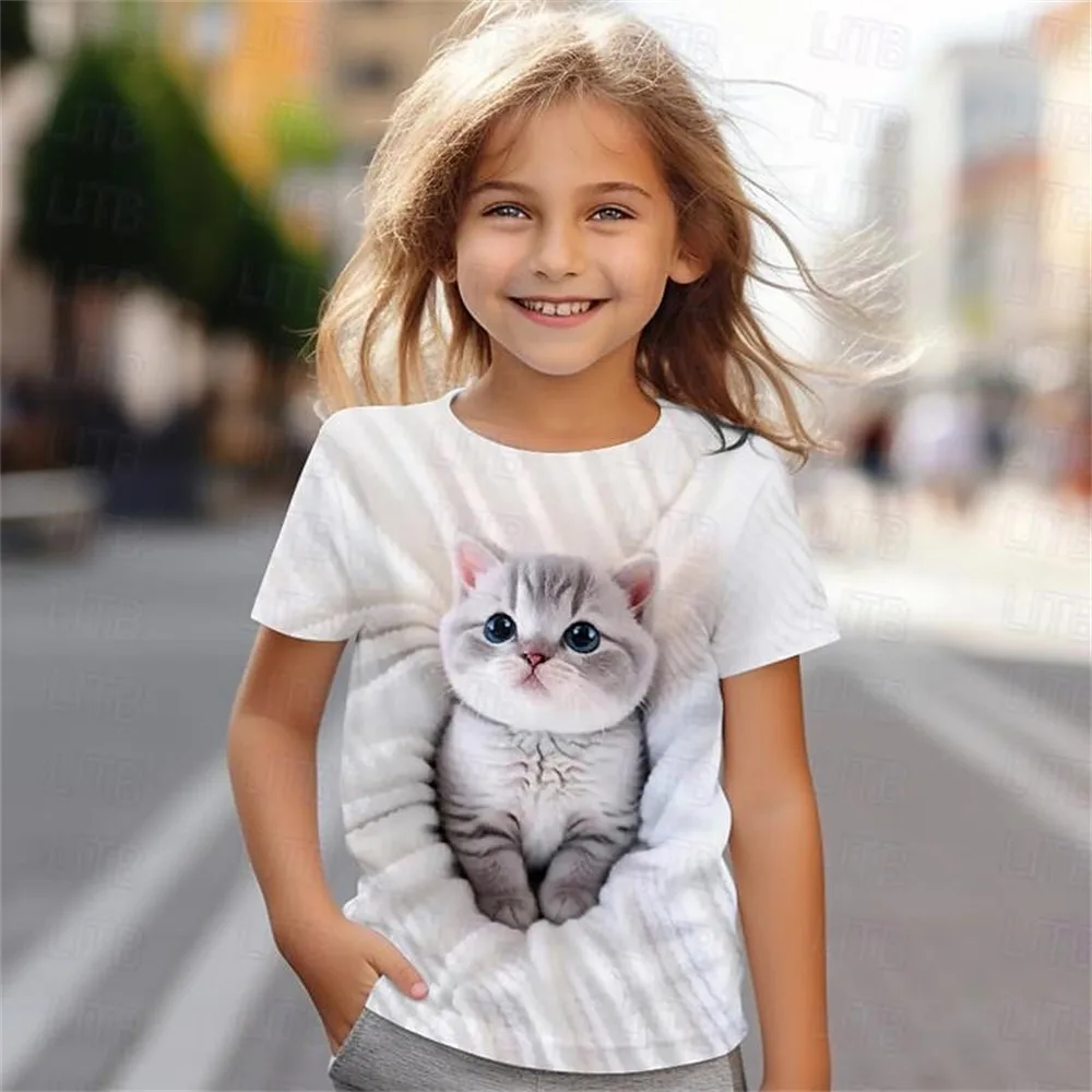 Kids Girls' Clothes 3D Cat Print Tee Shirt Short Sleeve Children's Clothing Fashion Costumes for Girls Top Aged from 4 To14 Year