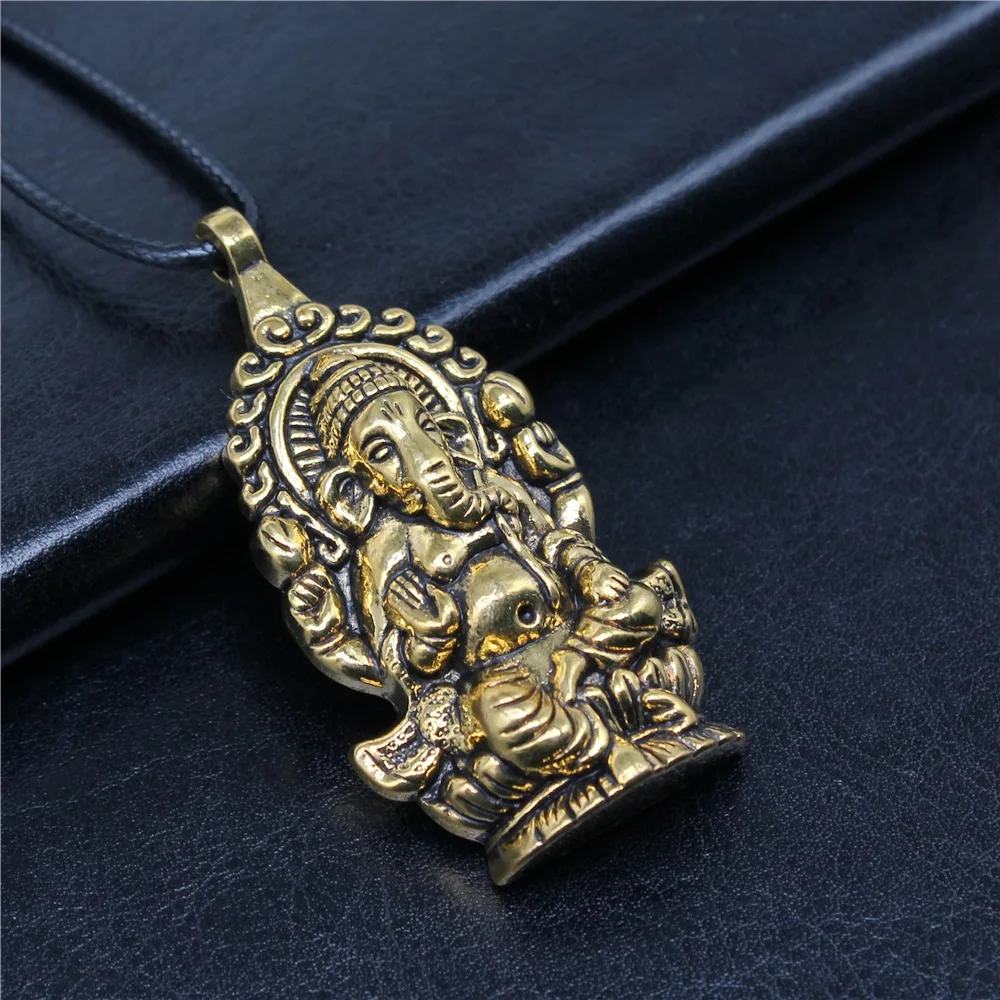 Dropshipping Necklace 62x32mm Ganesha Buddha Elephant S Pendant Necklace Faux Black Leather Rope Chain