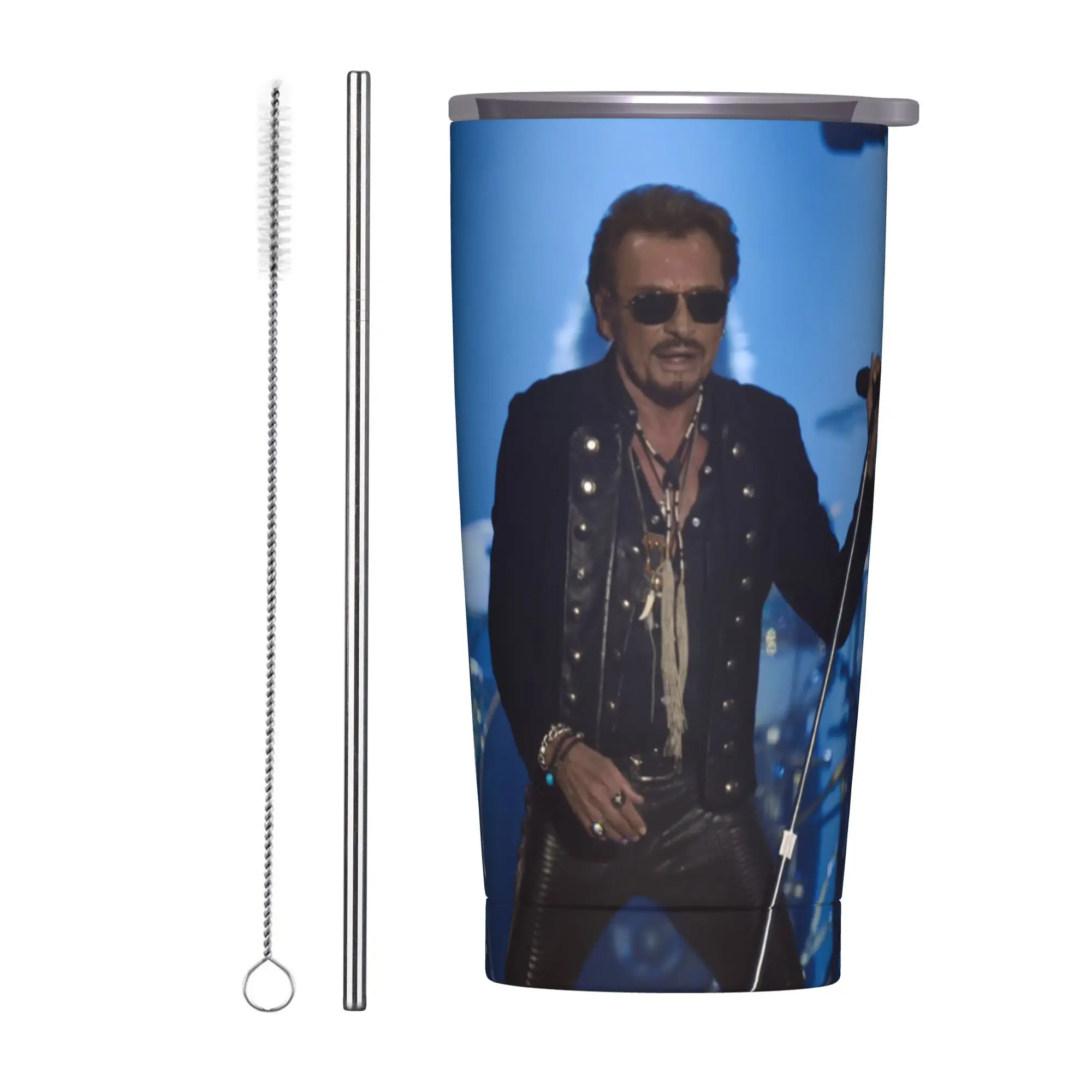 Rock Star Johnny Hallyday Insulated Tumbler with Straws Lid  Stainless Steel Coffee Mugs Travel Hot Cold Drinks Cups, 20oz