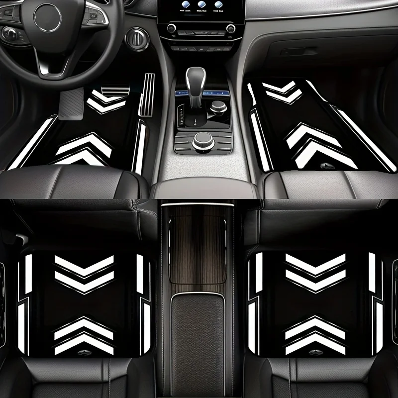 4pcs Black And White Mecha Style Car Mats - Minimalist, Trendy, Wear-Resistant, Non-Slip Universal Floor Mats For Most Vehicles.