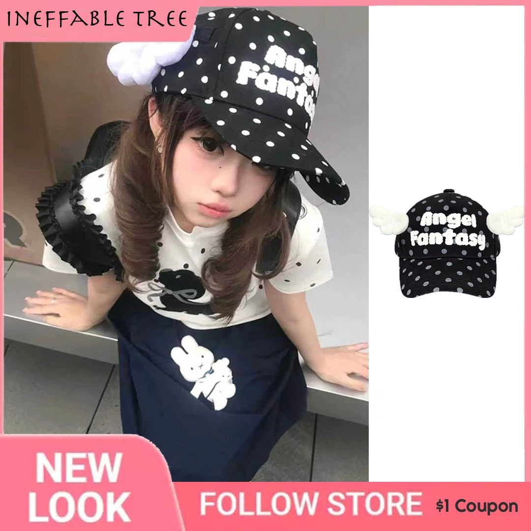 Harajuku Subculture Angel Retro Polka Bunny Embroidered Baseball Hats for Women Y2K Punk Goth Girl Aesthetic Old-School Vibe Cap