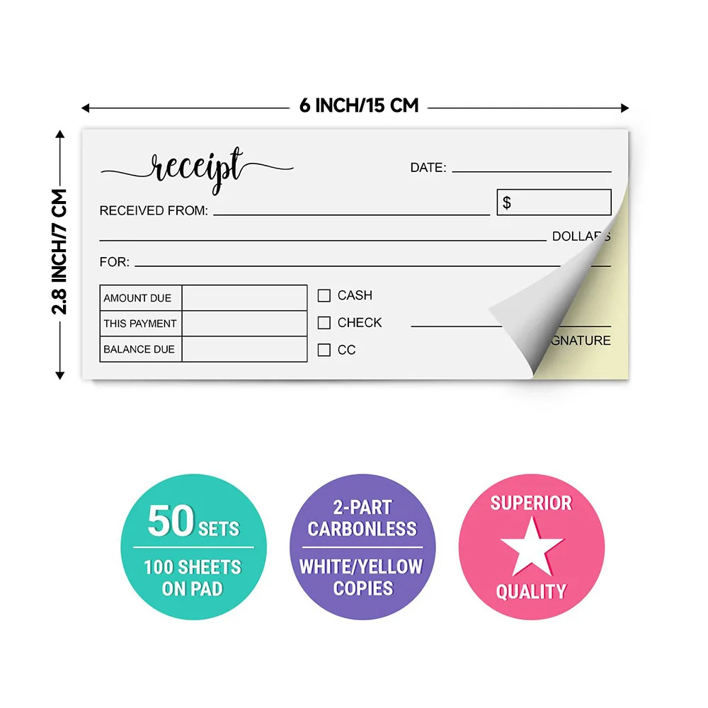 100sheets Premium Handmade Business Receipts Receipt Book for Small Business Receipt Forms with Date Amount Due Checklist