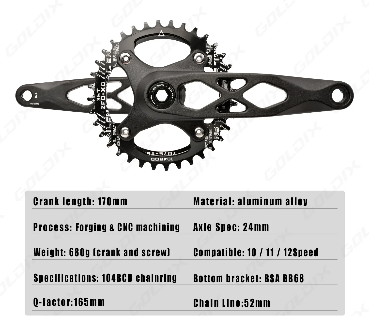 GOLDIX Hochfeste Fahrradkurbelgarnitur aus geschmiedeter Aluminiumlegierung, 104BCD, schmal-breites Kettenblatt, 170 mm Länge, für Mountainbikes. – Detail 2