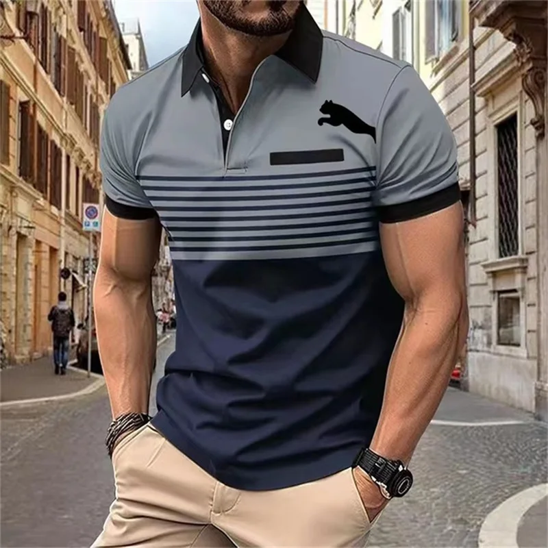 Fashionable Minimalist Striped Printed Men Polo T-shirt Summer Trend Golf Clothing Casual Lapel Short Sleeve Shirt Oversized Top