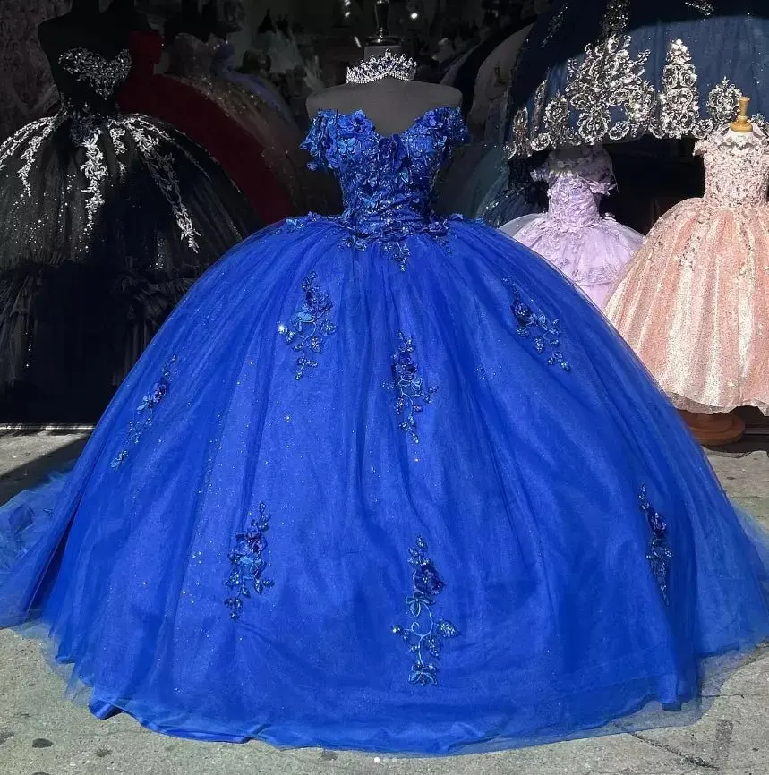 

Королевские синие платья Quinceanera по индивидуальному заказу, бальное платье с открытыми плечами, кружевные аппликации, блестящий тюль, милые вечерние платья для выпускного вечера