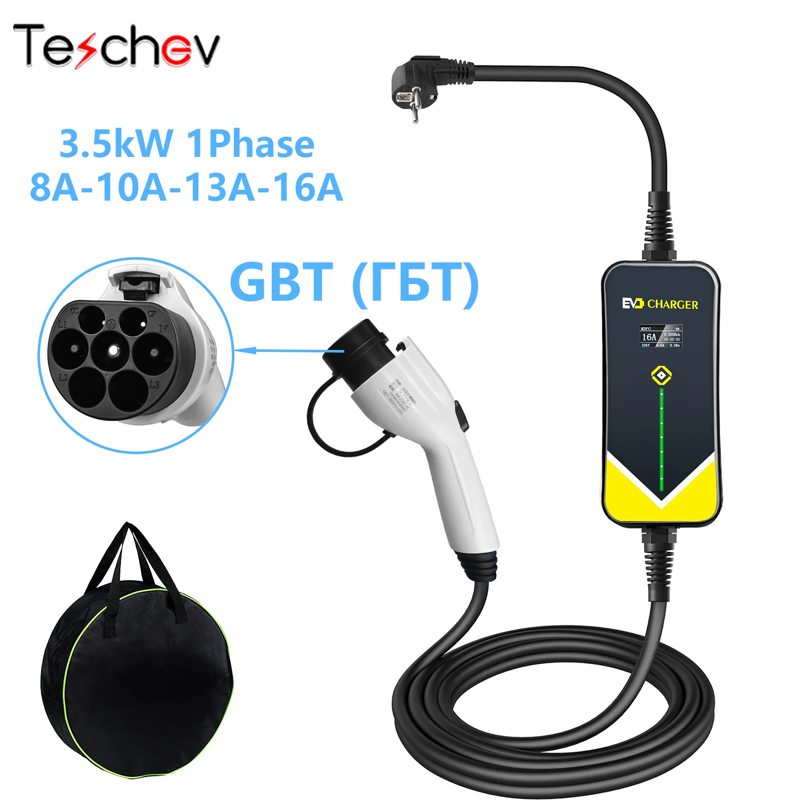 

Teschev Portable EV Charger GBT Electric Car Charger Level 2 EVSE Charging Cable Wallbox EU Plug 5M