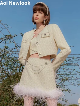 女性のためのフレンチキーツイードスーツ、新しいチェーン、ダチョウの髪、愛のダイヤモンド、コートとスカート、エレガントな3ピースセット、春と秋のファッション