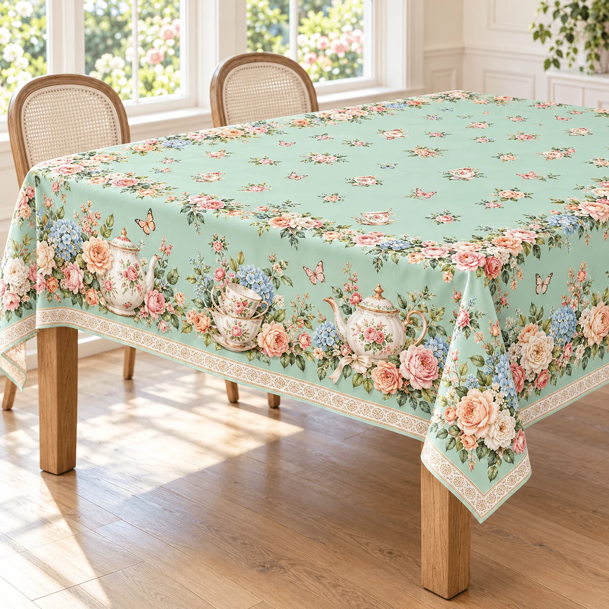 1 rectangular tablecloth, with an English afternoon tea atmosphere in one shop! Vintage teapot teacup with butterfly print