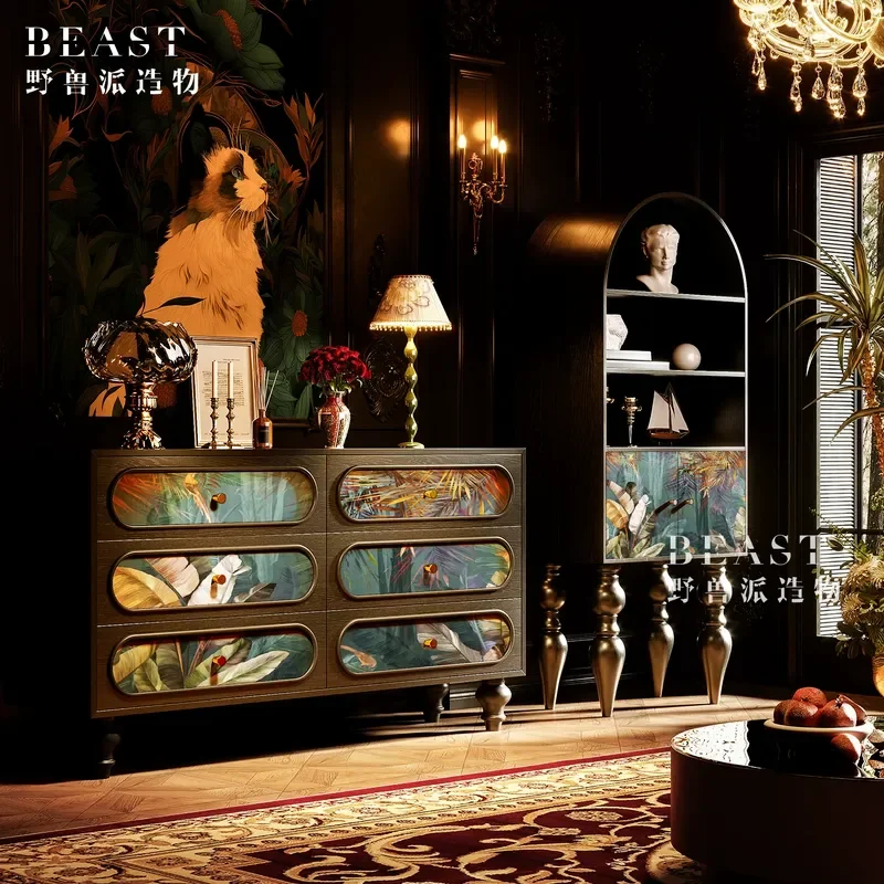 Medieval Green Ripple Layer Forest Solid Wood Six Drawer Chest Cabinet Living Room Entrance Storage Bedroom Decorative