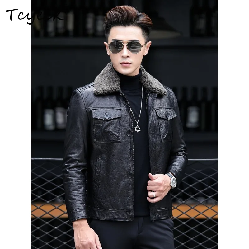 Tcyeek Real Leather Man Jackets Winter Clothes White Duck Down Liner Detachable 100% Cowhide Men Coats Lamb Wool Collar Trendy