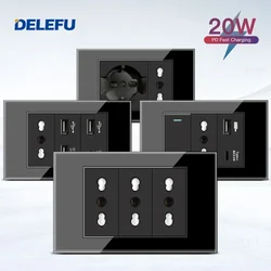 DELEFU Black Tempered Glass Italian Standard German-Italian Socket USB Type C Wall Socket Switch Satellite TV Phone CAT5 CAT6