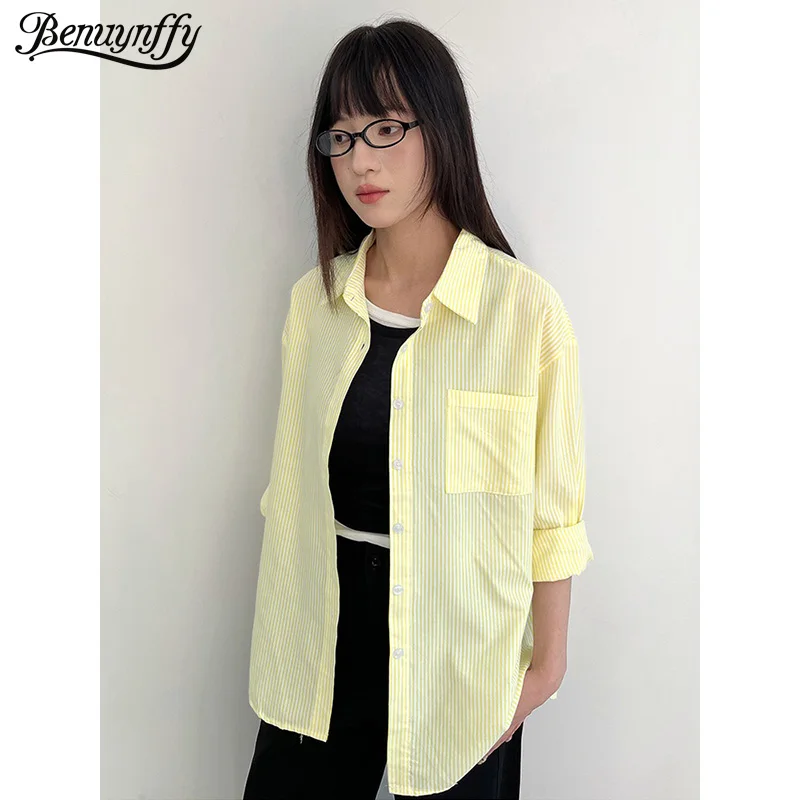 

Benuynffy Yellow Striped Long Sleeve Shirt Women 2026 Spring New Korean Style Pockets Casual Loose Button Down Blouses Tops