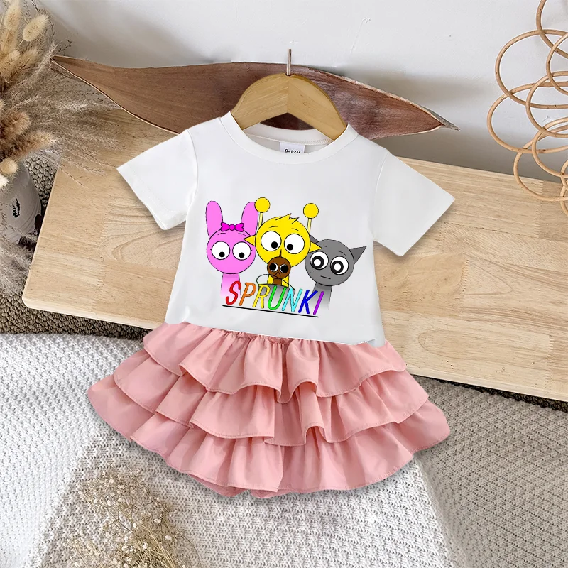 

Sprunki T-shirt Shorts Tiered Skirt Set Cute Cartoon Printed Girls Birthday Gift Clothes Summer Fashion Hip Hop Tops Casual Wear