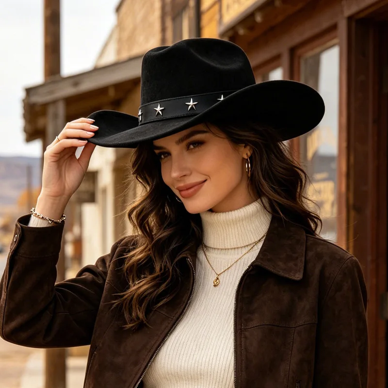 Women Wide‑brim Western Cowboy Felt Hat, All‑season Vintage Fashion Statement Fedora Cap