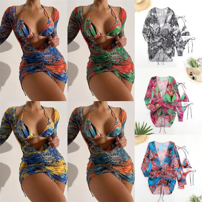 3 Piece Women's Bikini Swimsuit Underwear+Top Bra+Full Sleeves Outfit Summer Beach Holiday Sexy Casual Daily Hot Girl Streetwear