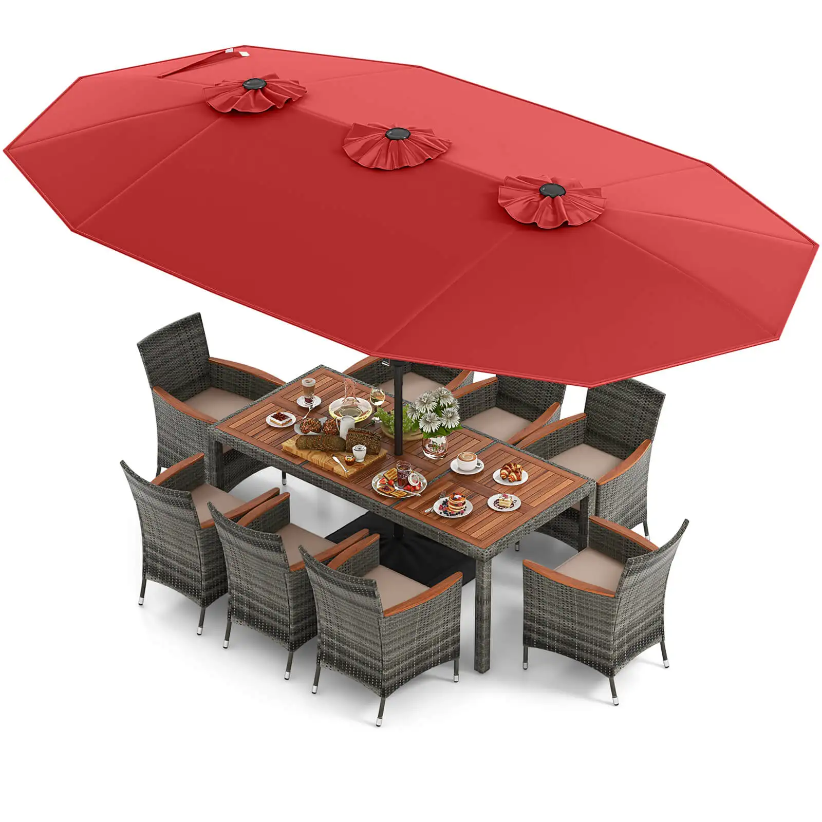 10 Pieces Patio Wicker Dining Set with Double-Sided Patio Umbrella 8 Armchairs Red