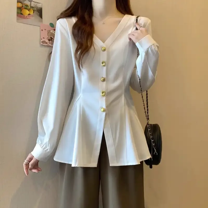 

Elegant Women V Neck Long Sleeve Blouse With Golden Buttons Slim Fit Office Wear Spring Autumn Casual Shirt