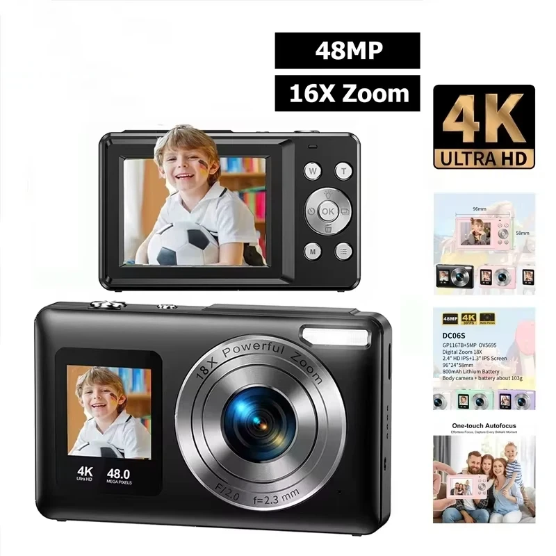 Cámara Digital Lenovo 4K de 48MP con Pantalla Dual, Enfoque Automático, Antivibración, Zoom 16X, Cámara para Vlogging con Tarjeta SD de 64GB, Compacta para Viajes