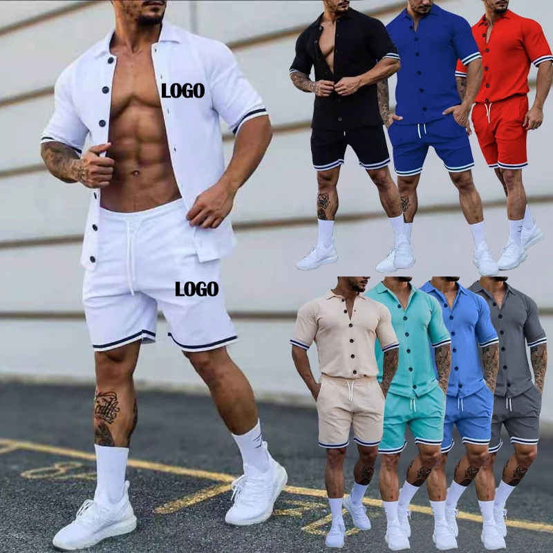 Men Short Set Summer Mens Track Suit Sets Custom Logo Solid Color Mens Button Short Sleeve Shirts Shorts Set Two Piece