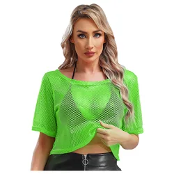 Kobiety 80s Disco Neon Fishnet T-shirt Tops Short Sleeve Hollow Out Mesh Crop Top Sexy Punk Camisole Cover-up Rave Party Clubwear