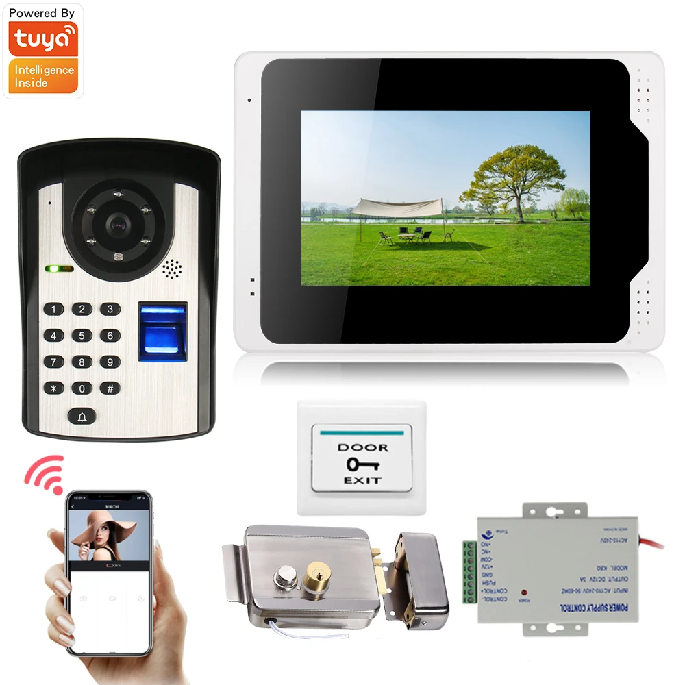 Tuya 7 Inch Video Intercm Touch Screen with Wired Doorbell 1080P APP Password Fingerprint Unlocking