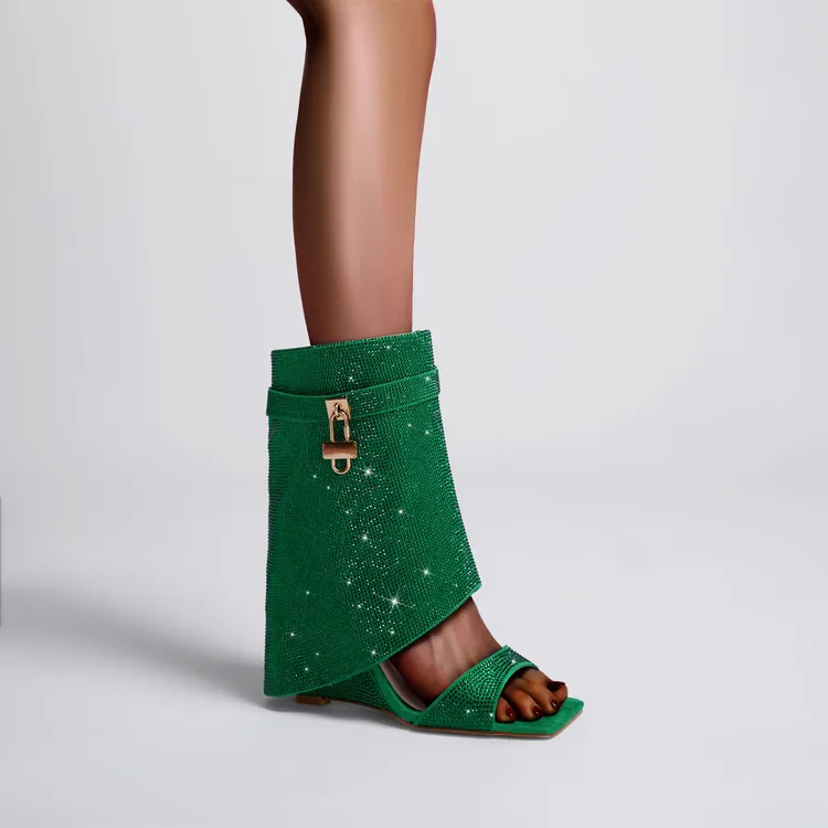 2026 Women Rhinestone Crusted Wedge Lock Design Fold Mid Calf Boots Peep Toe Sliver Summer Fashion Wedge Sandals 43