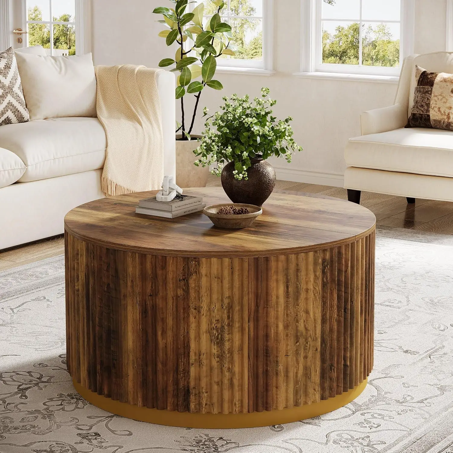 31.5 Inch Round Coffee Table, Fluted Wood Center Table with Stable Drum Base, Rustic Brown Accent Table for Living Room Small Apartment Office Decor view 4