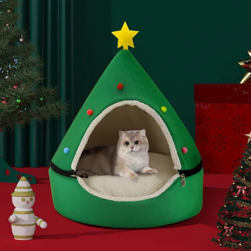 2026 nova árvore de natal casa de gato semi fechado quente pelúcia destacável caverna cama para cães pequenos gatos inverno sono profundo ninho animal estimação