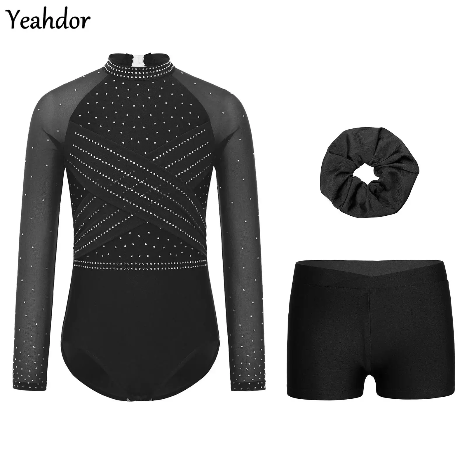 

Girls Gymnastics Leotard Sheer Mesh Long Sleeves Rhinestones Ballet Bodysuit Shorts Headwear Figure Skating Performance Outfits