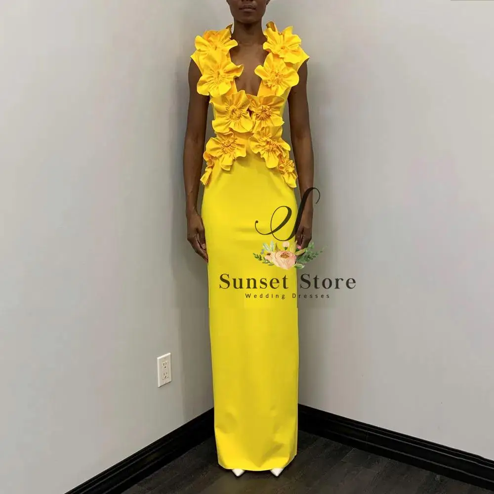 Customized  Yellow Deep V-Neck 3D Flowers Crepe Mermaid Prom dress 2025 Slim Sleeveless Floor-Length Formal Evening Dress