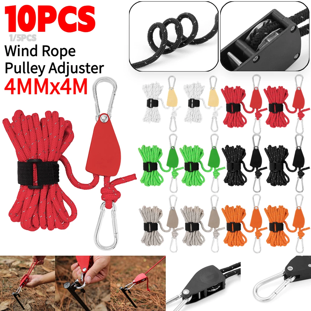 10-1PCS 4M 4MM Camping Rope Pulley Tensioner Ratchet Hangers Camping Awning Tent Wind Rope Pulley Hook Camping Supplies