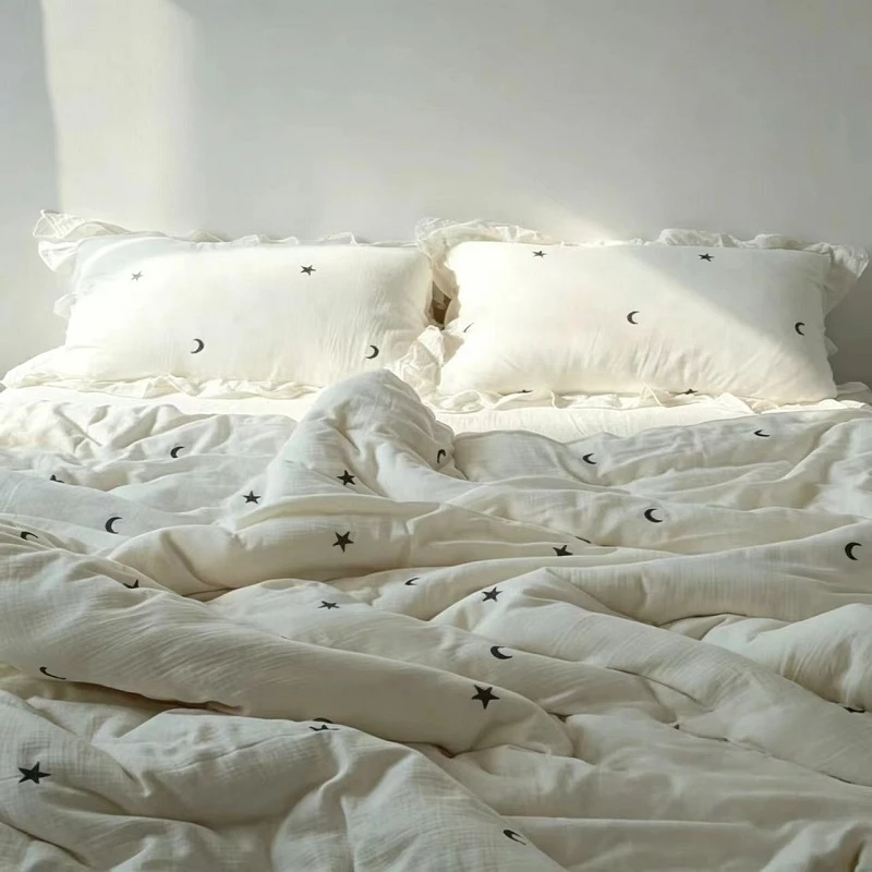 3Pcs Moon Star Embroidered Bedding set, 110G LinenTextured Microfiber Soft Breathable Bedding 1 Duvet Cover 2 Pillowcases