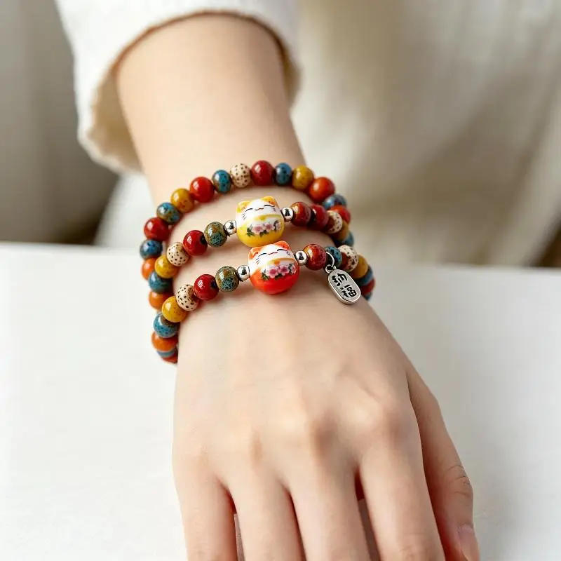 Adjustable Colorful Beaded Lucky Cat Bracelet, Cute Ceramic Cat Charm Jewelry For Girls