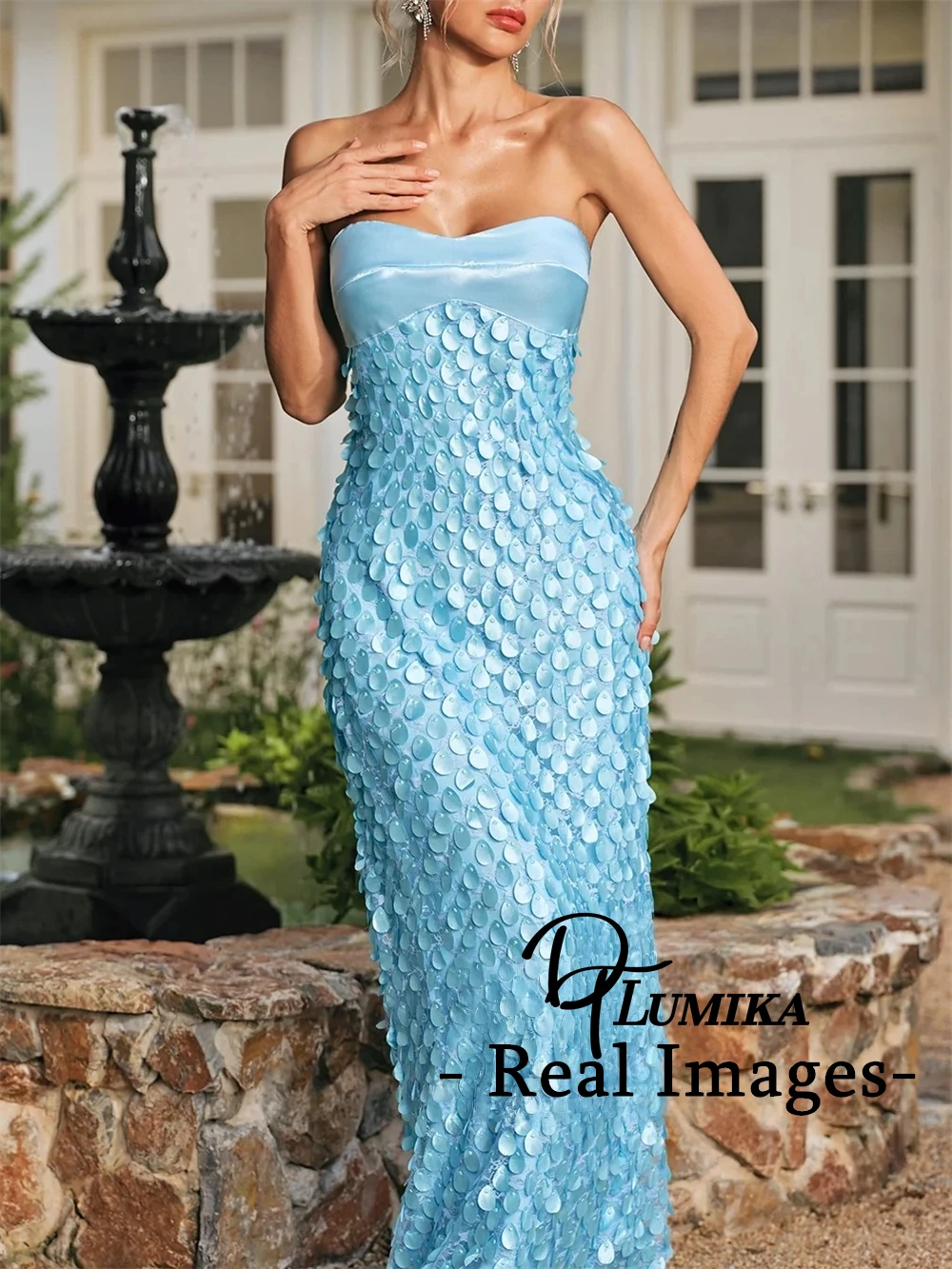 

DTLumika - Strapless Sequined Maxi Dress S-L Women's Long Evening Dresses Blue Dresses for Party Prom Beach Vacation Dress