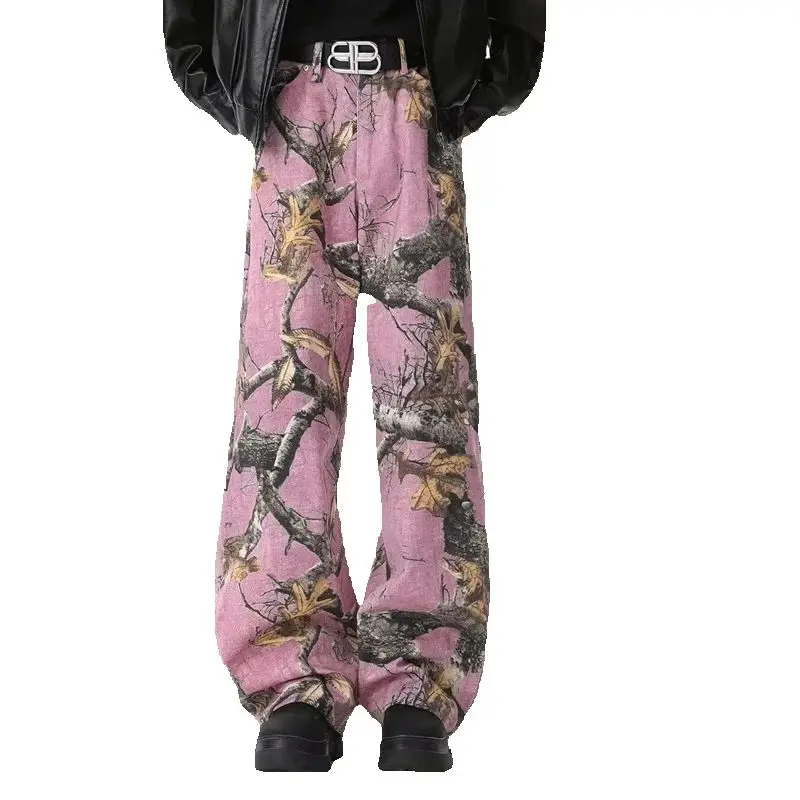 

CHIC Street American Retro Fashion Women's Jeans Leaves Painting Printed Denim Pants Unisex High Waist Trousers For Men Hiphop