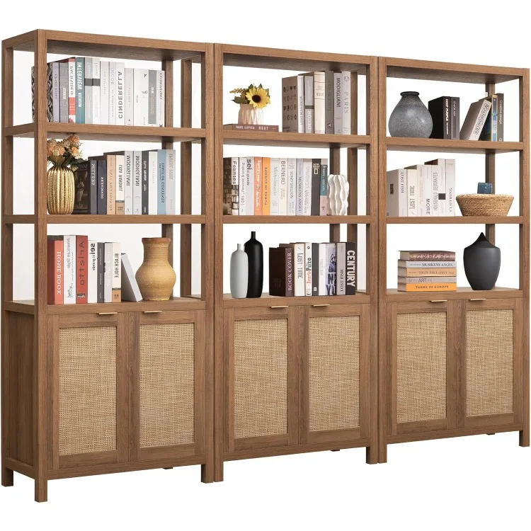 

Bookshelf 5 Tier Book Shelf Rattan Boho Tall Bookcase with Doors Storage Wood Shelves Large Bookshelves Farmhouse Bookcases