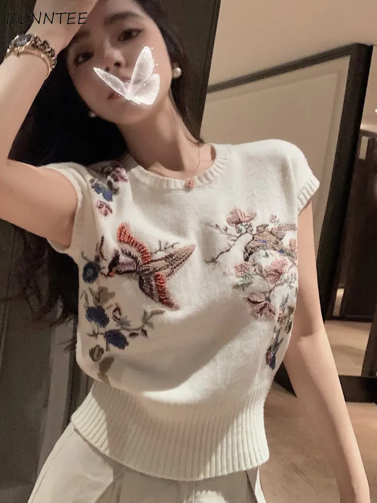 Summer Pullovers Women Chinese Style Embroidery Chic Cozy Literary Designed Leisure Gentle Lady College Short-sleeve Knitwear