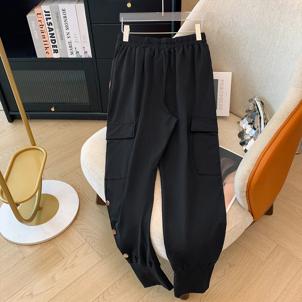 Spring and Autumn New Plus Size Women's Simple Outdoor Large Pocket Sweatpants Loose Casual Black Drawstring Pants 2024 big