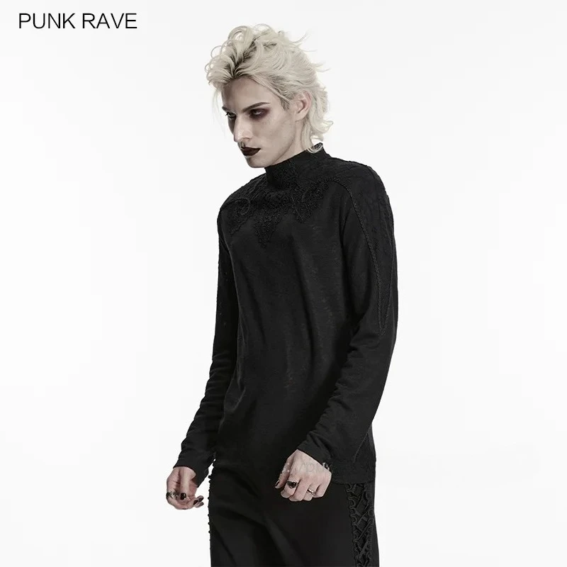 PUNK RAVE Men's Gothic Patterned Knitted Dark Decal T-shirt Zipper in The Back Handsome Simple Style Casual  Tops