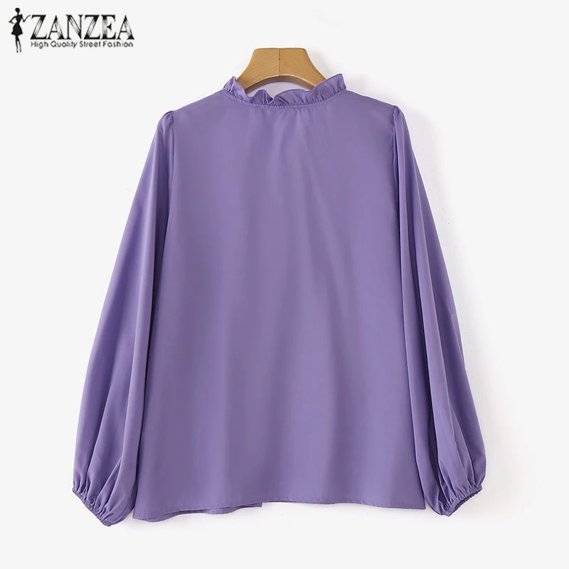 ZANZEA Women Work OL Blouse Fashion Long Puff Sleeve Shirts Ruffled Stitching Neck Tops Vintage Pleating Tunic Holiday Solid Top